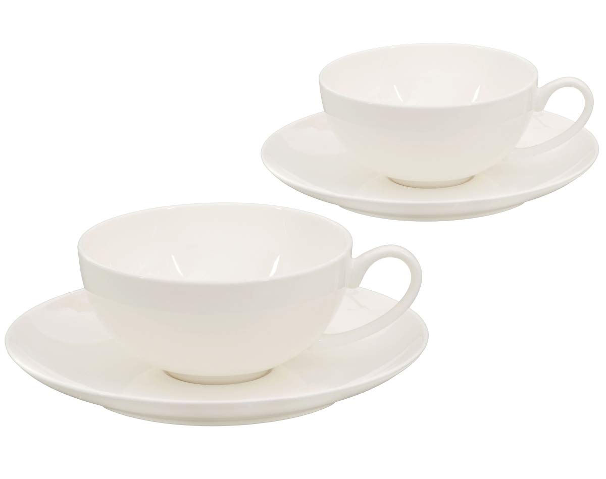 Buchensee Tea cups set made of fine bone china porcelain. 2 tea cups each 150 ml and 2 saucers in fine creamy white.