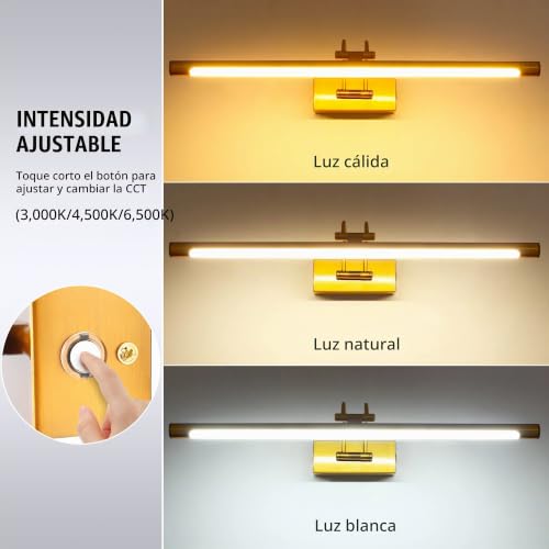TYhogar Bathroom Mirror LED 60 cm 3 Colour Temperatures Adjustable and Brightness | 12W Brass Wall Light Arch with Swivel Head, Dimmable Without Scale, Anti-fog, Illuminated Mirror for Bathroom and Vanity