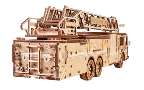 Wood Trick Movable Rescue Fire Truck - Extendable Swivel Ladder - 3D Wooden Puzzle for Adults and Kids to Build - Walks Up to 20 Feet - Wooden Models Engineering
