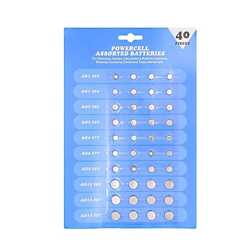 Cotchear 40pcs Alkaline Cell Batteries Assorted 1.5 Volt AG1/LR621 AG3/LR41 AG4/LR626 AG5/LR754 AG12/LR43 AG13/LR44 Coin Batteries Set 0% Mercury