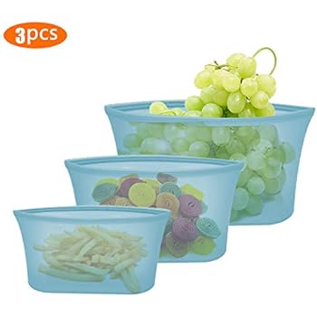 2019 Upgraded Zip on Top 3 Pcs Silicone Food Bag Silicone bowl Preservation Storage Container Endlessly Reusable, Food Grade Storage Bag Vegetable Meat Milk for Freeze Steam Heat Freezer Dishwasher