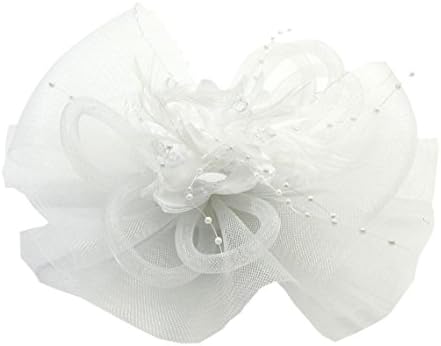 Fen Fun Veil Bowknot Flower Beads Feather Fascinator Headwear Face Hat Hair Clip Brooch Bridal Cocktail Ritual Prom Decor (White)