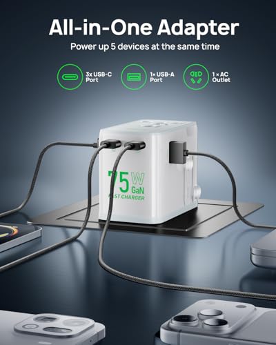 Adaptador de Viaje 75W, Adaptador Universal Europeo GAN de Carga rápida con 5 Puertos (1 AC, 1 USB-A y 3 USB-C), Adaptador de Enchufe con Chip Inteligente para más de 200 países, Blanco