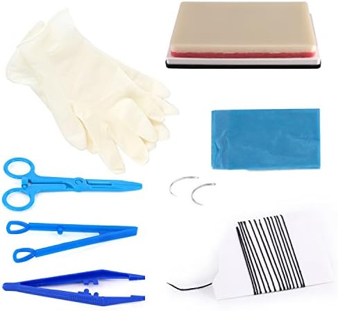 12 Pcs Suture Practice Kit, Large Suture Pad with Anti-slip Base/2 Suture Needles/4 Suture Thread/Round Head Plastic Tweezers/Plastic Needle Holder/Plastic Hemostatic Forceps/Rubber Gloves/ Hole Towel