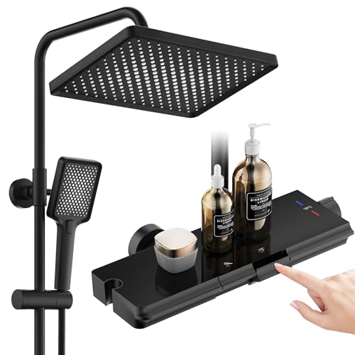 HOMELODY Shower System with Thermostat and Glass Shelf Black - 30 x 20 cm Large Shower Head Rain Shower and 3 Jet Types Hand Shower, 2 Piano Knobs Shower Fitting Complete Set Shower Set with Rain Shower