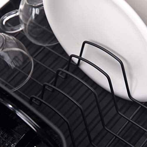 ENGELCH Matte Black Rust-Proof Kitchen Draining Dish Drying Rack, Dish Rack With Black Drain Board, 1 Wide Tableware Rack and Knife Holder Accessory