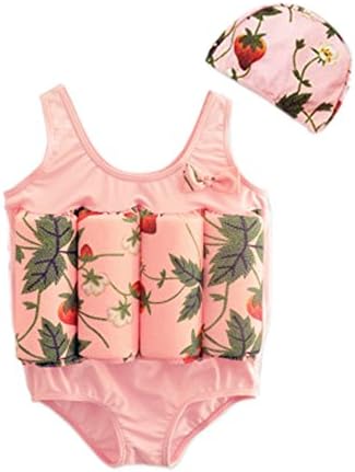 Skyflying Kids Girls Buoyancy Environmental Swimming Suit/Piece Swimsuit/Functional Swimwear With Swimming Cap and Swimming Arm Band For 3 Years Old ~ 6 Years Old Pink/Middle