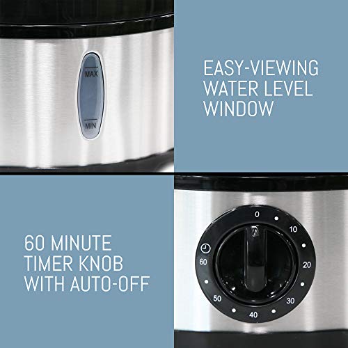 Elite Platinum EST-2301 Electric Food Steamer with BPA-Free 3 Tier Nested Trays w/Egg Rack, 650W Fast Heating, 8.5Qt, Stainless Steel