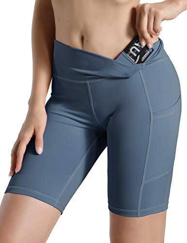 Natural Feelings High Waist Yoga Shorts Side Pockets Fitness Athletic Workout Running Bike Shorts Gray Blue