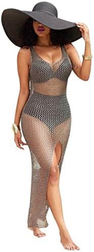 TAORE Women Crochet Hollow Out Beach Bikini Cover Up Swimsuit Bathing Swimwear Dress (Khaki, S)