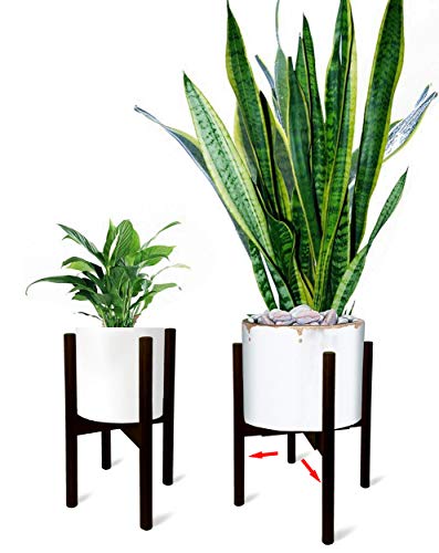 Mid Century Adjustable Plant Stand - Stunning Natural Bamboo - Fits All Widths 8 to 12 inches - 150lb Capacity (Dark Bamboo)