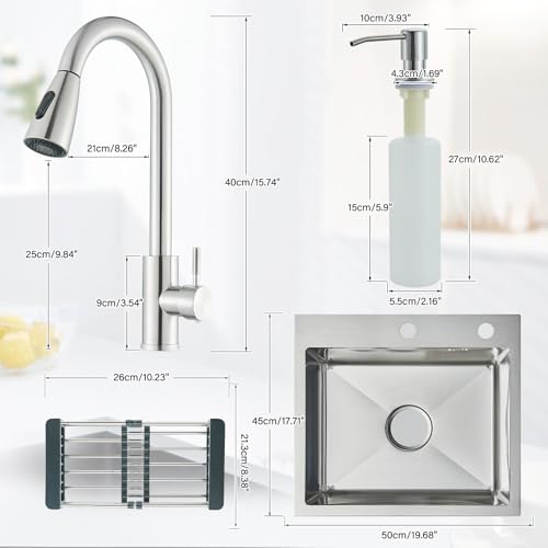 TVTIUO Kitchen Sink, Multifunctional Kitchen Sink with Pull Out Tap and Soap Dispenser, Brushed Finish (50 x 45 cm)