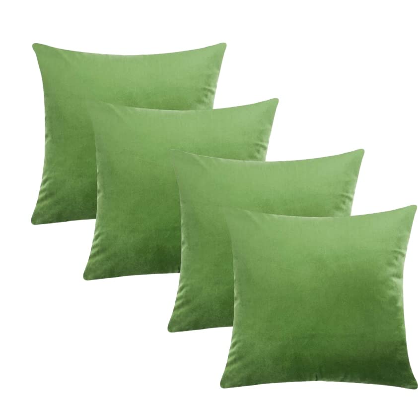 SWISSPACK 18"X 18" 4 PCS Velvet Soft Decorative Square Throw Pillow Case Cushion Covers Pillowcases for Livingroom Sofa Bedroom with Invisible Zipper 45X45 CMS, GRASS GREEN