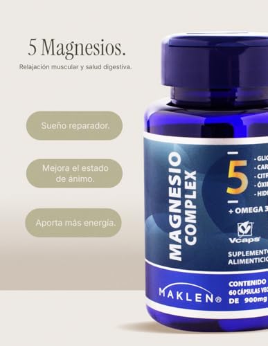 MAGNESIO 5 COMPLEX - Maklen Magnesio Complex - Glicinato, Citrato, Carbonato, Oxido e Hidroxido + Omega 3 - Capsulas Vegetales V-Caps® de 900 mg - Apoya Energia, Relajacion Muscular y Sueño