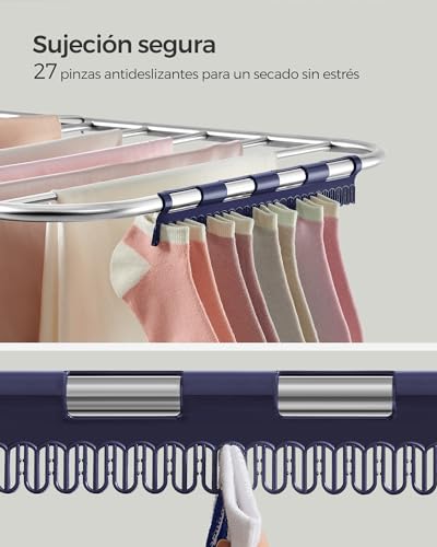 SONGMICS Tendedero de Ropa Plegable,Alas Ajustables, 33 Barras y 27 Pinzas, Perchero Metálico para Ropa Sucia, Plata y Azul MLLR52BU