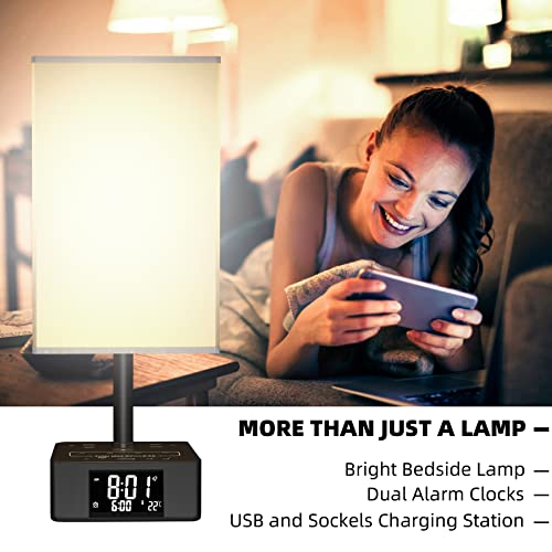 Table Lamp Bedside Lamp Clock, Desk Lamp with 4 USB Ports and 2 AC