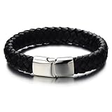 Wide Black Braided Leather Bracelet for Men Genuine Leather Wristband with Magnetic Box Clasp