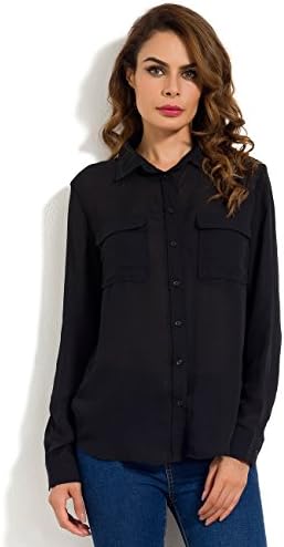 MRLZ Women's Casual Loose Button Down Blouse with Pockets Long Sleeve Chiffon Shirt