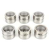 Bekith 6 Pack Stainless Steel Magnetic Multi-Purpose Spice Storage Tins, Clear Top Lid with Sift or Pour, Magnetic on Refrigerator and Grill (Small)