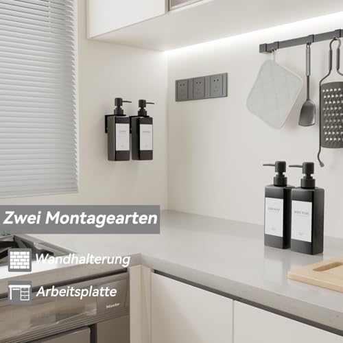4 Pieces Wall Mounted Shower Soap Dispenser, Soap Dispenser Without Drilling 500 ml Black Shower Dispenser Shampoo and Body Wash with Funnel and Three-Dimensional Waterproof Labels for Bathroom, Kitchen