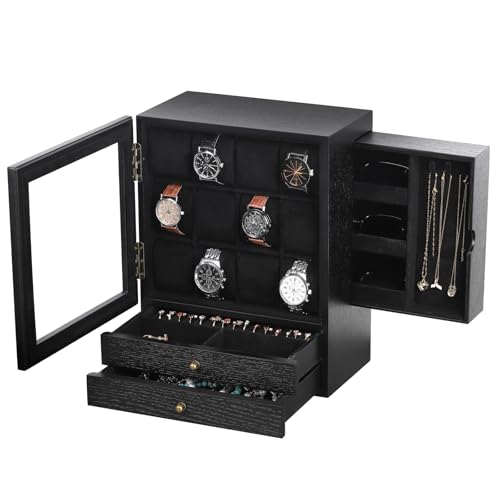AUTOARK Wooden Watch Eyeglass Jewelry Box with Glass Front,12-Slot Vertical Display Case with 2 Drawers,Velvet Lining,Dresser Organizer for Men Women,Space-Saving Sunglass Storage,Black,MKAW081