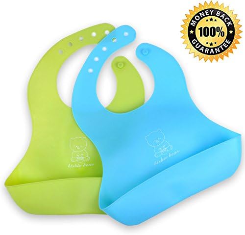 Waterproof Silicone Baby Bib with Crumb Catcher Food Pocket -Easy Cleaning Bacteria Resistant Ultra Soft Portable Babies Self-Feeders. Blue/Green, Set of 2Pack