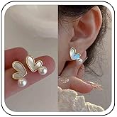 Allereyae Vintage Pearl Shell Heart Earrings Enamel Heart Stud Earrings Gold Pearl Earrings Pearl Heart Earrings Jewelry for Women