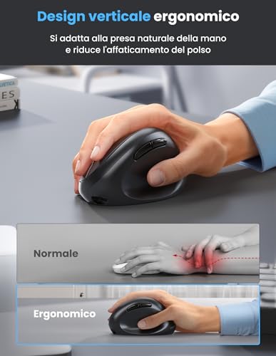 TECKNET Vertical Mouse, Ergonomic Rechargeable Bluetooth Mouse, Multi-Device (BT5.0/3.0 + 2.4G), 4800 DPI, Silent Clicks, 6 Buttons for PC, Laptop, Mac - Black