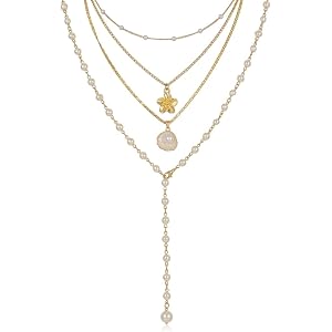 Faux Pearl Lariat Necklace and Layered Y Choker, Vintage Aesthetic Floral Drop Pendant Jewelry for Women, Elegant Gold-Tone B