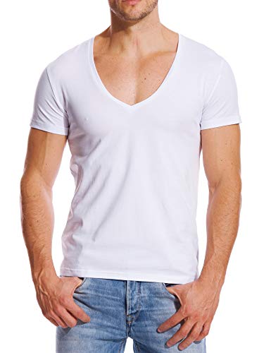 Stretch T Shirt For Men Deep V Neck Tee Muscle Fit Low Cut Male