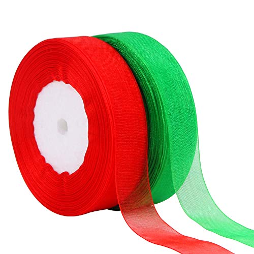 DECYOOL 2 Rolls 100 Yards Christmas Ribbons Organza Holiday Festival Ribbons 0.8
