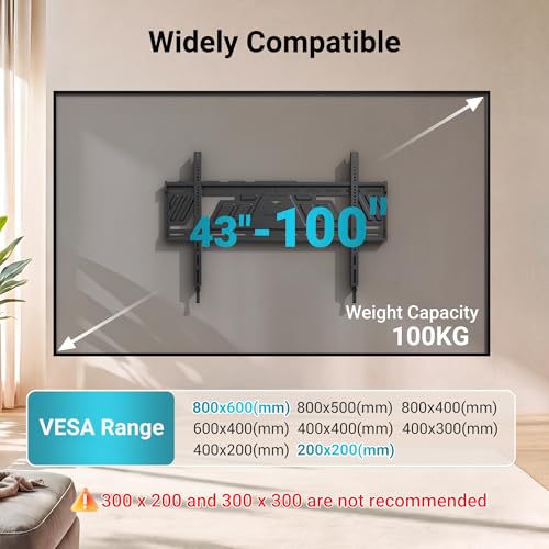 BONTEC Support Mural TV Fixe pour Téléviseurs 43 à 100 Pouces, Ultra Fin 23 mm, Charge Maximale 100 kg, VESA Max 800x600 mm, Fixation Murale Ultra Plate, Plaque Monobloc, Verrouillage Auto Sécurisé