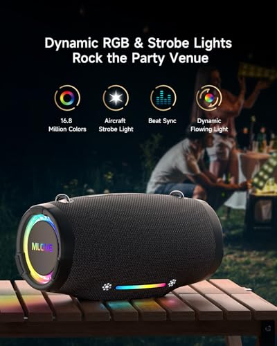 MLOVE E90 Altavoz Portátil Bluetooth Inalámbrico Impermeable RGB LED Luz True Wireless Stereo, Bluetooth 5.4, Micro-SD, Memoria USB, Jack 3,5mm, Carga Type C, Negro