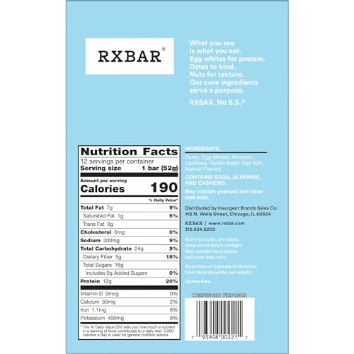 RXBAR PROTEIN BARS, PROTEIN SNACK, SNACK BARS, VANILLA ALMOND, 22OZ BOX (12 COUNT)