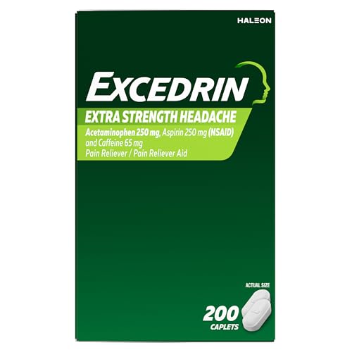 EXCEDRIN EXTRA STRENGTH PAIN RELIEF CAPLETS FOR HEADACHE RELIEF, ACETAMINOPHEN 500MG, ASPIRIN 250MG, CAFFEINE 65MG, PAIN RELIEVER, 200 COUNT