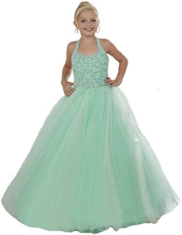 Oudy Barbie Girls' Long Halter Tulle Corset Beauty Pageant Dresses 16 US Light Green