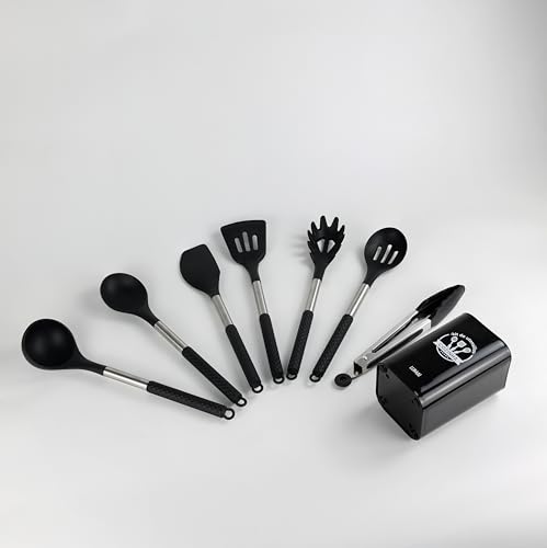 LUMAI Kit 8 Utensílios de Cozinha Grandes em Silicone Preto e Aço Inox, Resistentes ao Calor, Design Antiderrapantes e Antirriscos, Acessórios de Cozinha Espátula, Colher, Pegador, Concha e Balde