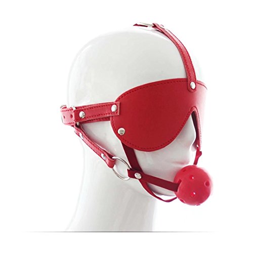 Briviee Fetish Unisex Hood Mask Blindfold with Mouth Gag Leather Costume Mask, Red
