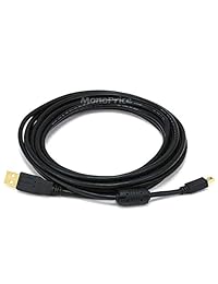 Monoprice   15-Feet USB 2.0 a macho a mini-B 5Pin macho cable con núcleo de ferrita, 28 24awg (chapado en oro) (105450), Negro
