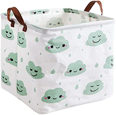 Fieans Collapsible Toy Storage Basket Cute Fabric Cube Container Nursery Organizer Bin with PU Handles for Laundry Home Closet - Green Clouds