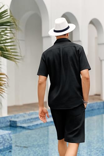 Men's Linen 2 Piece Set Regular Fit Button Down Beach Shirt and Shorts Sleeve Summer Clothes