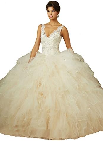 Aisha Womens' V Neck Appliques Beads Ball Gown Sweet 16 Quinceanera Dress 6 US Champagne