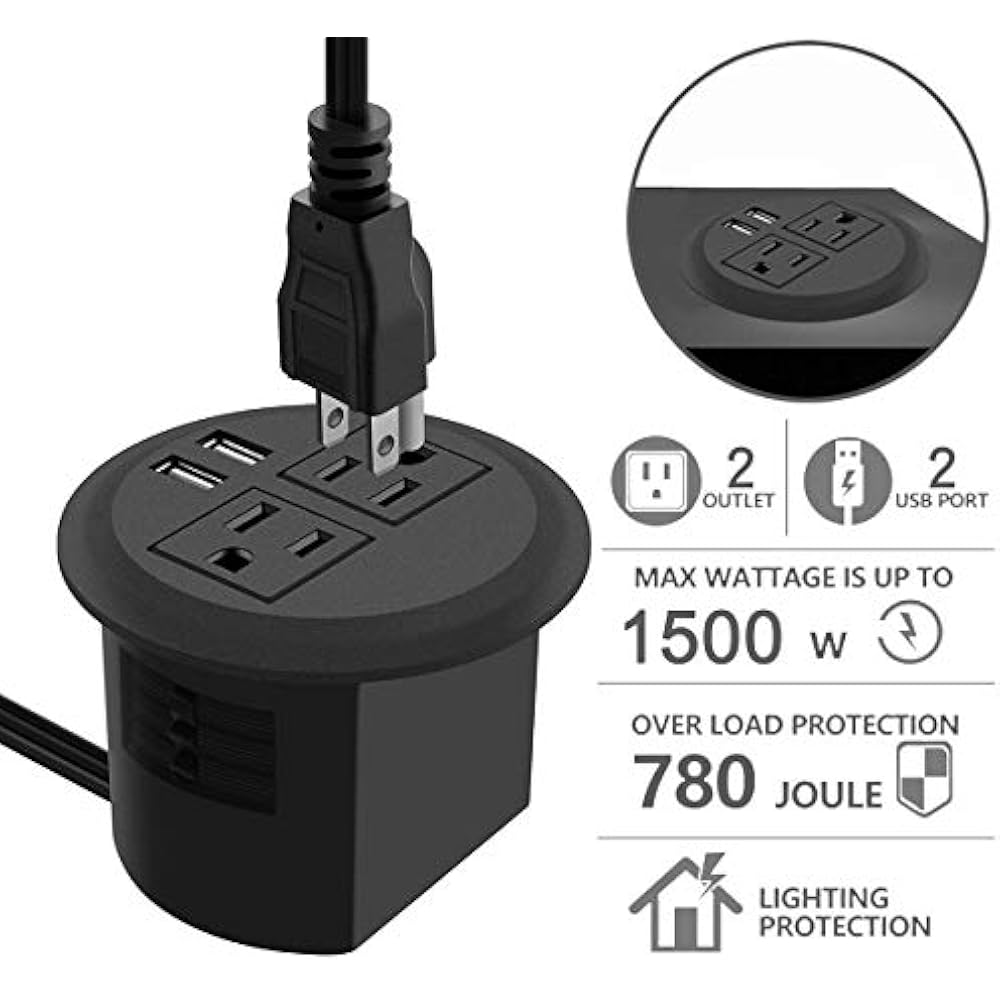 Desktop Power Grommet With USB,Recessed Socket 2 AC Outlets And