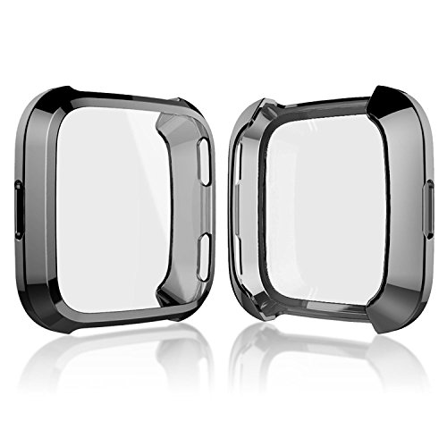 Fitbit Versa Protector Case Cover, Full Frame Screen Protector Soft Slim TPU shell Case Flexible Anti-Scratch Bumper Cover for Fitbit Versa Fitness Smart Watch, Women & Men (Black)