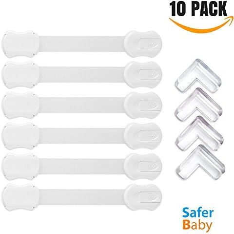 Baby Cabinet Lock. Childproof Safety Latches, Voted by professionals as the Strongest in the Market, for all Cabinets Drawers Doors, 6 Pack + 4 corner guards + extra tapes for Re-use, by Safer Baby