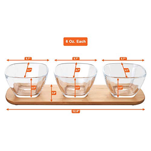 Dipping Bowls & Candy Dish Set - 3 Clear Glass Bowls On Bamboo Tray 6-oz Each | Appetizer Serving Tray Perfect For Dessert, Condiments, Nuts, Dips, And Snacks