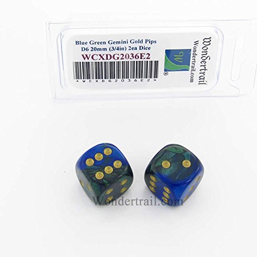 WCXDG2036E2 Blue and Green Gemini Dice with Gold Pips 20mm (3/4in) D6 Pack of 2
