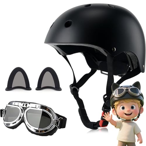 Kids Bike Helmet Set,Toddler Adjustable Black Helmet for Ages 2-8 Boy Child with Vintage Aviator Goggle and Ornament Ears