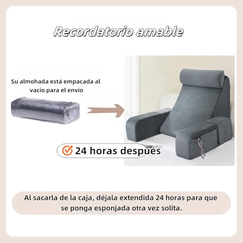 Almohada para espalda con reposabrazos y bolsillos para sentarse en cama, respaldo para cama, almohada de lectura, descanso, jugar, relajarse o ver la televisión para adultos, 48cm*40cm*48cm (gris)