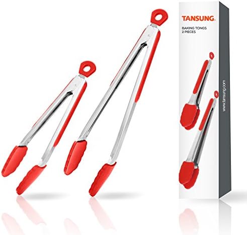 TANSUNG Kitchen Cooking Tongs, Set of 2 (9 and 12 Inch), Stainless Steel Tongs with Non-stick Silicone Tips for BBQ, Cooking, Salad, Grilling, Indoor and Outdoor Use (Red)